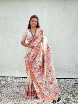 ELITE WEAVES - Cream Pashmina Kashmiri Silk Zari Woven Saree with Unstitched Blouse