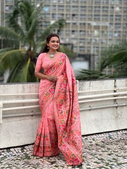 ELITE WEAVES - Peach Pashmina Kashmiri Silk Zari Woven Saree with Unstitched Blouse