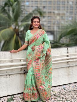 ELITE WEAVES - Green Pashmina Kashmiri Silk Zari Woven Saree with Unstitched Blouse