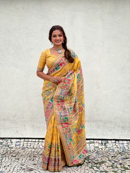 ELITE WEAVES - Yellow Pashmina Kashmiri Silk Zari Woven Saree with Unstitched Blouse