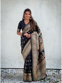 ELITE WEAVES - Black Pashmina Kashmiri Silk Zari Woven Saree with Unstitched Blouse