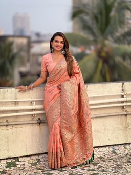ELITE WEAVES - Peach Pashmina Kashmiri Silk Zari Woven Saree with Unstitched Blouse