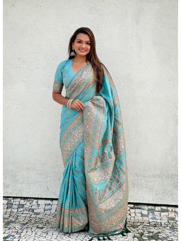 ELITE WEAVES - Blue Pashmina Kashmiri Silk Zari Woven Saree with Unstitched Blouse