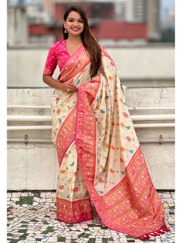ELITE WEAVES - Cream Silk Zari Woven Patola Leheriya Contrast Weaves Saree with Unstitched Blouse