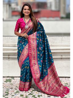 ELITE WEAVES - Teal Silk Zari Woven Patola Leheriya Contrast Weaves Saree with Unstitched Blouse