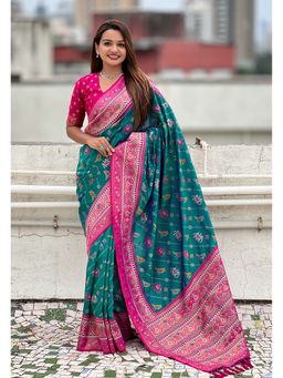 ELITE WEAVES - Green Silk Zari Woven Patola Leheriya Contrast Weaves Saree with Unstitched Blouse