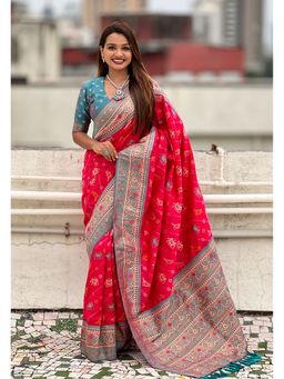 ELITE WEAVES - Pink Silk Zari Woven Patola Leheriya Contrast Weaves Saree with Unstitched Blouse
