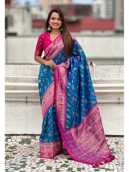 ELITE WEAVES - Blue Silk Zari Woven Patola Leheriya Contrast Weaves Saree with Unstitched Blouse