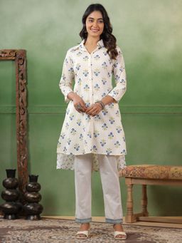 SPAN - Cotton Floral Collar Neck Three Fourth Sleeves White Kurta