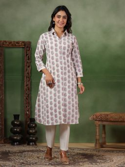 SPAN - Cotton Floral Collar Neck Three Fourth Sleeves White Kurta