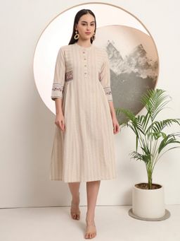 SPAN - Cotton Stripes Mandarin Neck Three Fourth Sleeves Beige Kurta