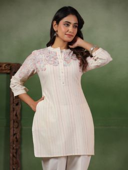 SPAN - Cotton Stripes Mandarin Neck Three Fourth Sleeves Off White Kurti