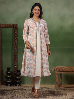 SPAN - Cotton Floral V-Neck Three Fourth Sleeves Off White Kurta