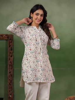 SPAN - Cotton Printed Mandarin Neck Three Fourth Sleeves White Kurti