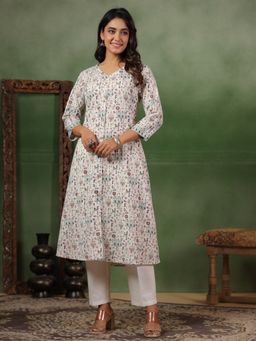 SPAN - Cotton Printed V-Neck Three Fourth Sleeves White A-line Kurta