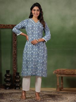 SPAN - Cotton Printed V-Neck Three Fourth Sleeves Blue Kurta