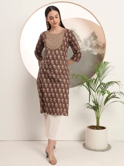 SPAN - Cotton Floral Round Neck Three Fourth Sleeves Brown Kurta