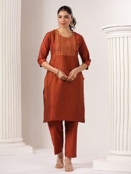 SPAN - Silk Embroidered Round Neck Three Fourth Sleeves Brown Kurta