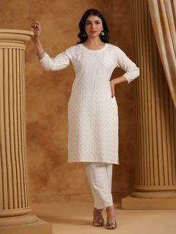SPAN - Women's Round Neck Floral Three Fourth Sleeves Viscose Rayon White Kurta
