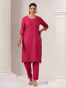 SPAN - Women's Round Neck Floral Three Fourth Sleeves Viscose Rayon Pink Kurta