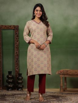 SPAN - Women's V-Neck Floral Three Fourth Sleeves Viscose Rayon Beige Kurta