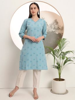 SPAN - Women's V-Neck Floral Three Fourth Sleeves Viscose Rayon Blue Kurta