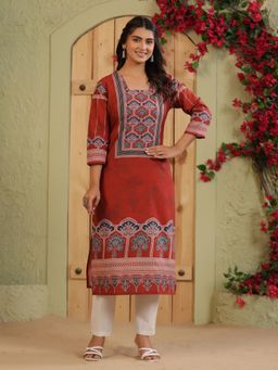 SPAN - Women's Square Neck Floral Three Fourth Sleeves Cotton Red Kurta