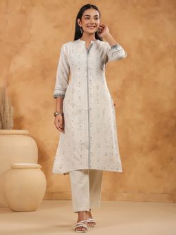 SPAN - Women's Mandarin Neck Geometric Three Fourth Sleeves Cotton White Kurta