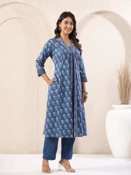 SPAN - Women's Floral Print V-Neck Three Fourth Sleeves Cotton Blue Kurta
