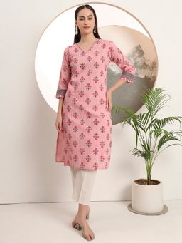 SPAN - Women's V-Neck Floral Three Fourth Sleeves Cotton Pink Kurta