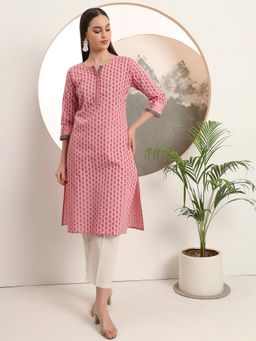 SPAN - Women's Round Neck Floral Three Fourth Sleeves Cotton Pink Kurta