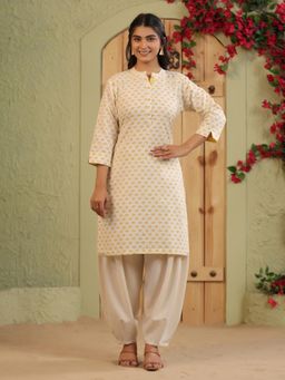SPAN - Women's Mandarin Neck Floral Three Fourth Sleeves Cotton Off White Kurta