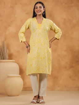 SPAN - Women's V-Neck Floral Three Fourth Sleeves Cotton Yellow Kurta