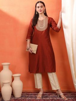 SPAN - Women's Round Neck Embroidered Three Fourth Sleeves Silk Rust Kurta