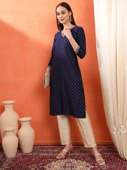 SPAN - Women's V-Neck Floral Three Fourth Sleeves Viscose Rayon Blue Kurta
