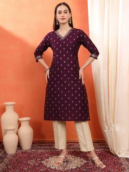 SPAN - Women's V-Neck embroidered Three Fourth Sleeves Silk Purple Kurta
