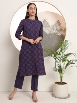 SPAN - Women's Mandarin Neck Floral Three Fourth Sleeves Viscose Rayon Purple Kurta