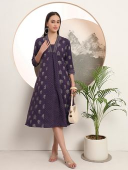 SPAN - Women's V-Neck Floral Three Fourth Sleeves Viscose Rayon Purple Kurta