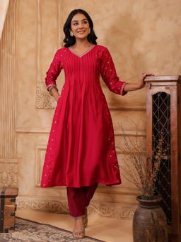 SPAN - Women's V-Neck Printed Three Fourth Sleeves Viscose Rayon Pink Kurta