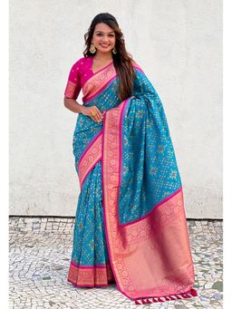 ELITE WEAVES - Blue Silk Zari Woven Premium Patola Contrast Weaves Saree with Unstitched Blouse