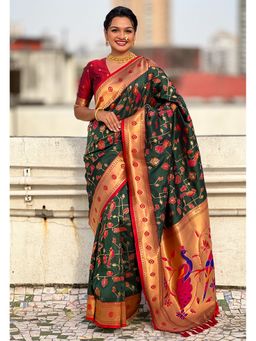 ELITE WEAVES - Green Paithani Jaal Silk Zari Woven Saree with Unstitched Blouse