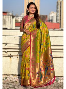 ELITE WEAVES - Green Paithani Jaal Silk Zari Woven Saree with Unstitched Blouse