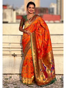 ELITE WEAVES - Orange Paithani Jaal Silk Zari Woven Saree with Unstitched Blouse