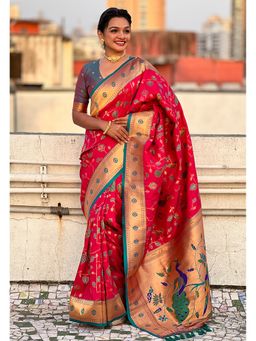 ELITE WEAVES - Pink Paithani Jaal Silk Zari Woven Saree with Unstitched Blouse