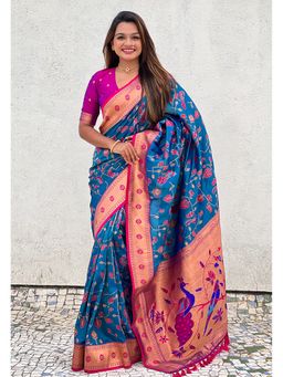 ELITE WEAVES - Blue Paithani Jaal Silk Zari Woven Saree with Unstitched Blouse