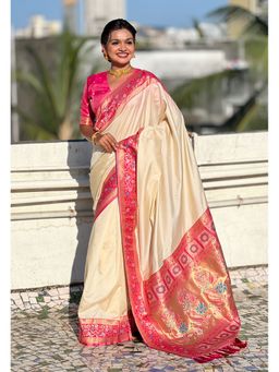 ELITE WEAVES - Cream Gala Silk Paithani Pallu Kadiyal Zari Woven Saree with Unstitched Blouse
