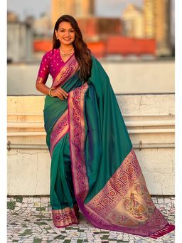 ELITE WEAVES - Green Gala Silk Paithani Pallu Kadiyal Zari Woven Saree with Unstitched Blouse