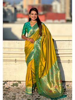 ELITE WEAVES - Olive Gala Silk Paithani Pallu Kadiyal Zari Woven Saree with Unstitched Blouse