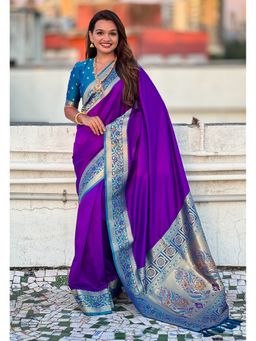 ELITE WEAVES - Purple Gala Silk Paithani Pallu Kadiyal Zari Woven Saree with Unstitched Blouse