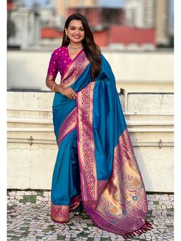 ELITE WEAVES - Blue Gala Silk Paithani Pallu Kadiyal Zari Woven Saree with Unstitched Blouse
